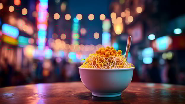Delicious Street Food Dish Under Neon City Lights at Night. photo