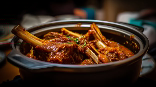 Tender Braised Lamb Shanks in Rich Savory Sauce, Comfort Food Feast. photo