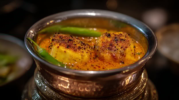 Savory Indian Paneer Dish in a Copper Bowl with Fresh Greens. photo