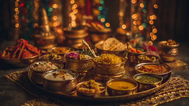 Festive Indian Feast with Delicious Food and Warm Bokeh Lights. photo
