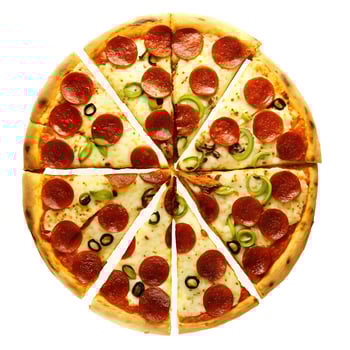 Deliciously sliced pepperoni pizza with green peppers and olives, presented on a clean white background for a mouthwatering appeal. photo