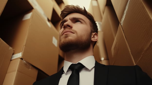 Young caucasian man manager near cardboard boxes portrait image. Confident warehouse owner male businessman photography human scene. Career in logistics concept photo-realistic photo