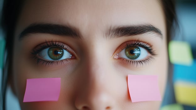 Young european woman with sticky notes on face image closeup. Overloaded female office employee close-up photography. Business tasks scheduling process concept photo realistic