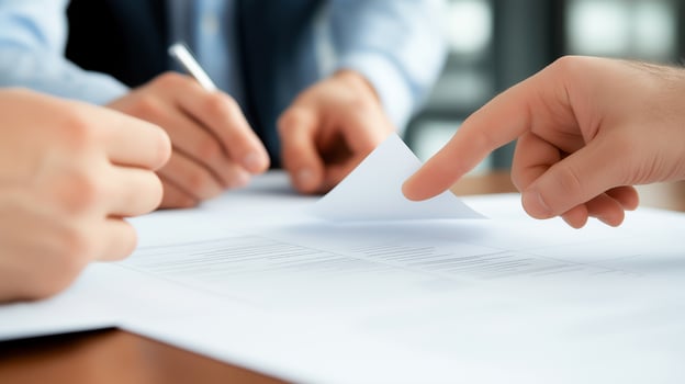 Businesspeople hands with papers on table image closeup. Managers team preparing agreement for deal close-up photography. Corporate paperwork importance concept photo realistic