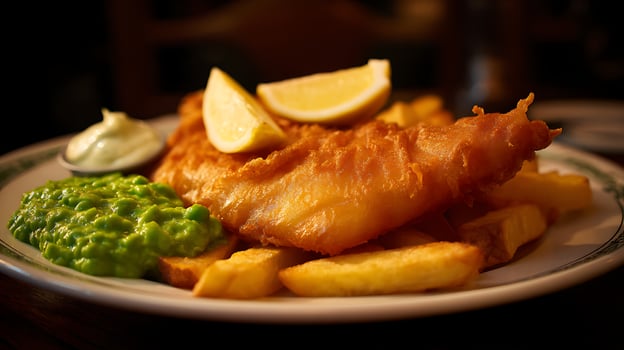 Crispy Fish and Chips with Mushy Peas and Lemon. photo