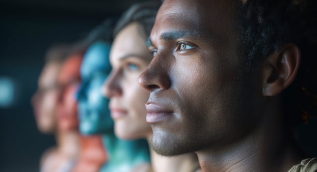 A group of individuals showcases futuristic biotech modifications using vibrant nanopigments on their skin. The atmosphere is innovative, highlighting human evolution and advanced technology. photo