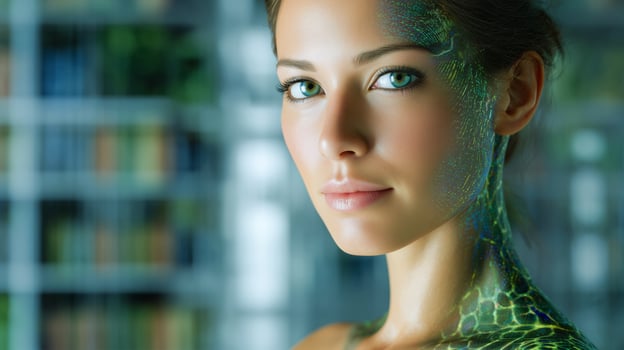 A woman with biotechnologically enhanced skin stands confidently in a modern, well-lit setting. Her body displays vibrant nanopigments that change color, emphasizing advanced material technology. photo