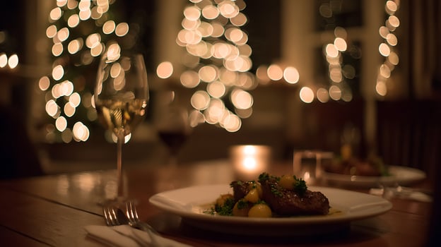 Romantic Dinner with Candlelight and Warm Bokeh Lights photo