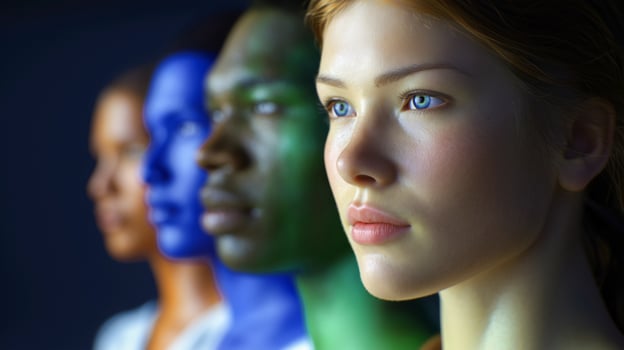 A woman stands in a futuristic environment, her skin adorned with vibrant nanopigments indicating advanced biotech modifications. photo