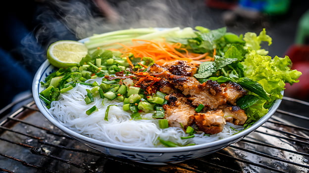 Delicious Vietnamese Vermicelli Noodle Bowl Steaming on Grill. photo