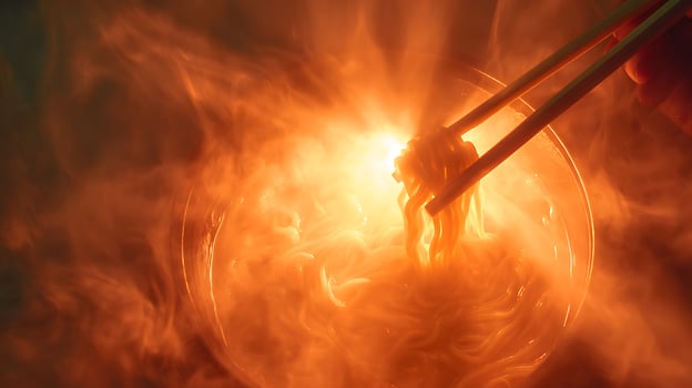 Steaming Hot Noodles Lifted by Chopsticks in Warm Orange Light. photo