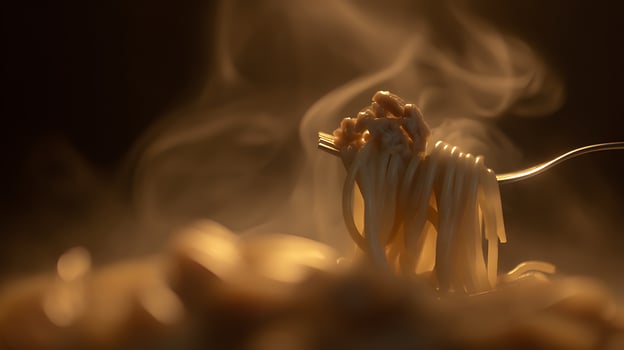 Close Up Of Steaming Pasta On A Fork With Soft Lighting. photo