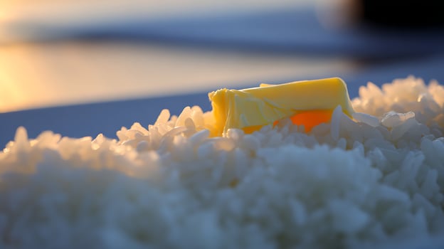 Close Up Melted Butter Melting On White Rice At Sunset. photo