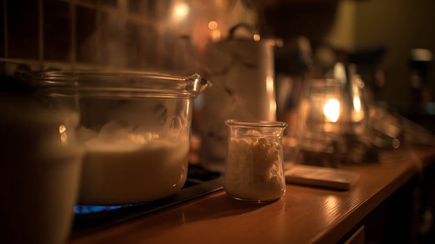 Warm, Steaming Kitchen Counter with Cozy Glow and Bubbling Pot. photo