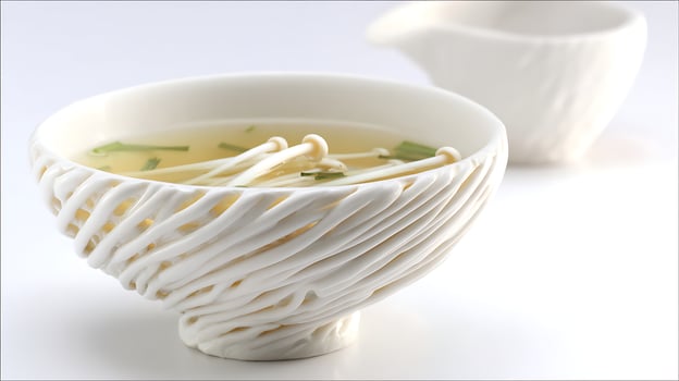 Delicate Bowl of Enoki Mushroom Soup with Unique Ceramic Design. photo