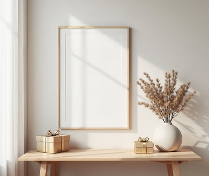 Mock up poster frame in modern interior background with empty frame, gifts and decorative vase photo