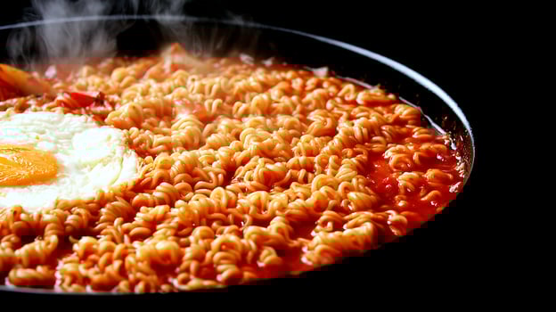 Steaming Hot Korean Ramen Noodles with Fried Egg in a Pan. photo