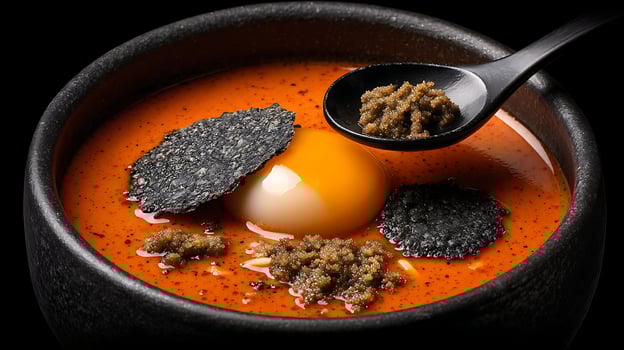 Exquisite Soup Presentation with Egg Yolk and Caviar. photo