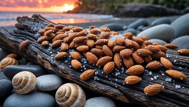 Almonds with Salt on Driftwood at Rocky Beach Sunset photo