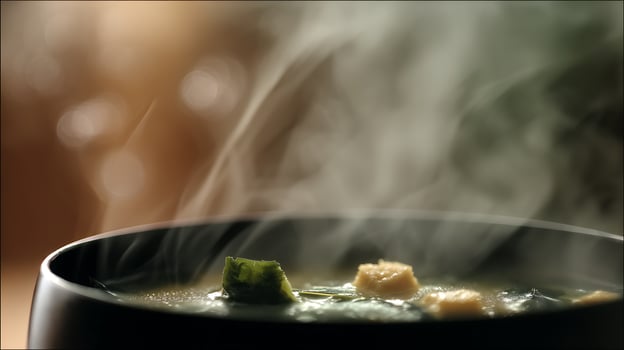 Delicious Hot Soup Steam Rising from a Bowl with Fresh Ingredients. photo