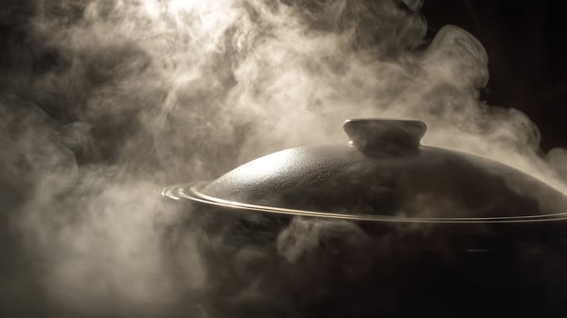 Hot steaming pot with swirling clouds of steam under dramatic lighting. photo