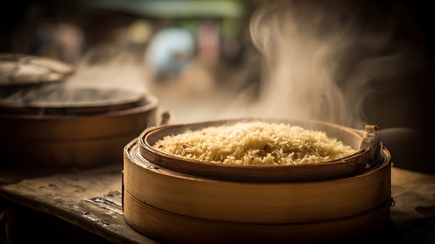 Steaming Hot Rice in a Bamboo Steamer Basket for a Delicious Meal. photo