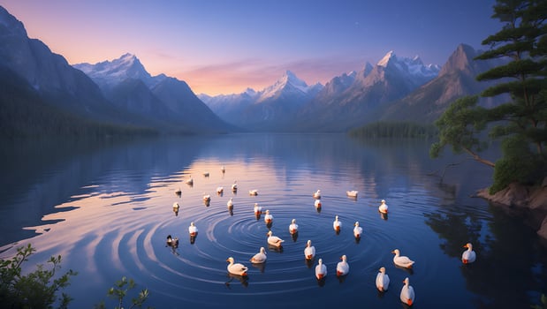 Ducks Swim in Mountain Lake Reflecting Sky and Snow Peaks photo