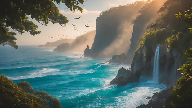 Waterfall Flowing on Tropical Coastline with Birds Flying Above the Ocean photo