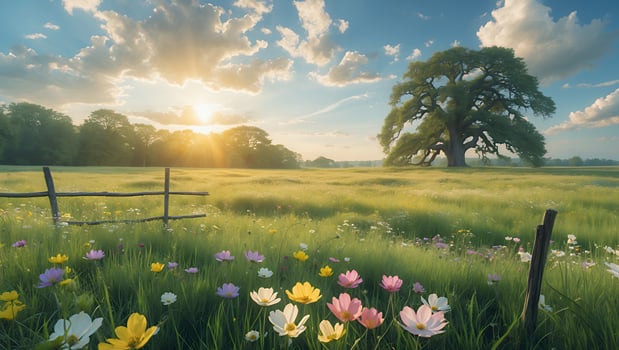 Idyllic Countryside Meadow with Flowers, Old Tree and Sunrise photo