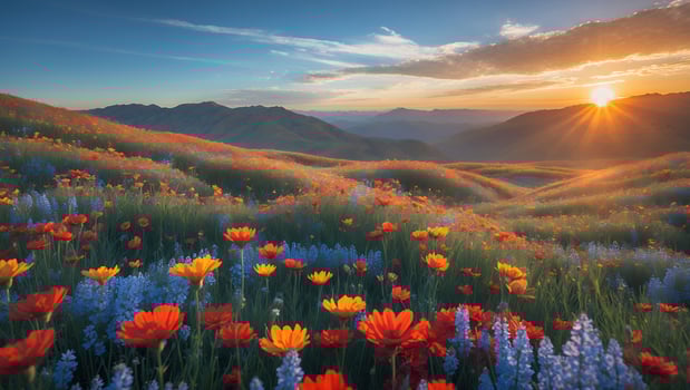 Blooming Wildflower Meadow at Sunset with Mountains in Background View photo
