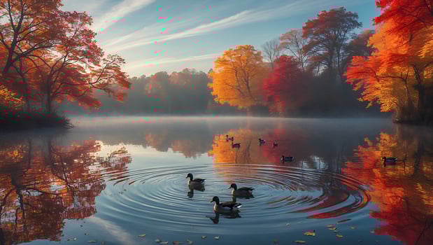 Ducks Swimming on Lake Reflecting Colorful Autumn Trees in Fog photo