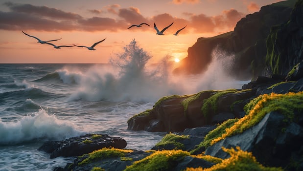 Ocean Waves Crashing Against Rocks at Sunset with Birds Flying photo