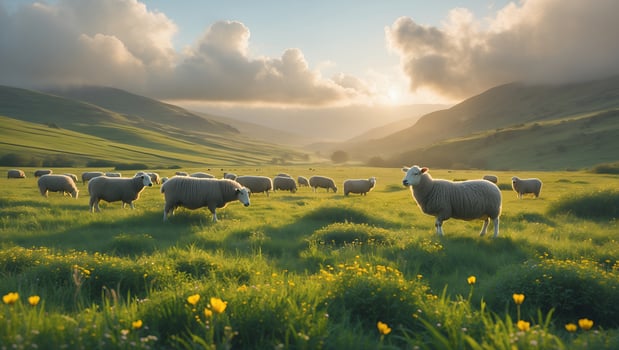 Sheep Grazing in Lush Green Meadow with Hills and Sunrise photo