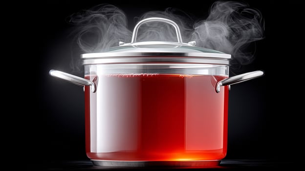 Clear transparent glass cooking pot with red liquid boiling and steam vapor on black background. See-through cookware kitchen utensil for culinary food preparation. photo