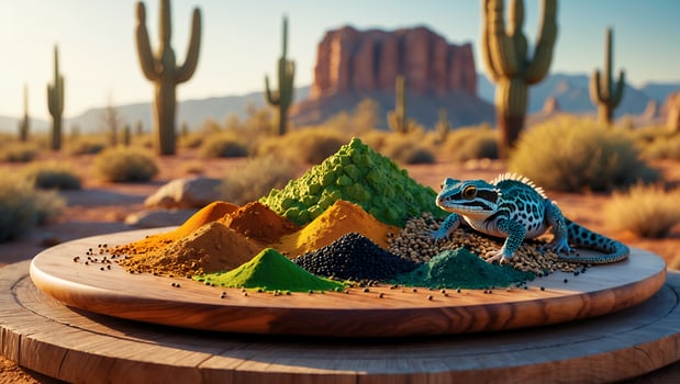 Lizard Climbing Colorful Spices on Wooden Plate in Desert Scenery photo