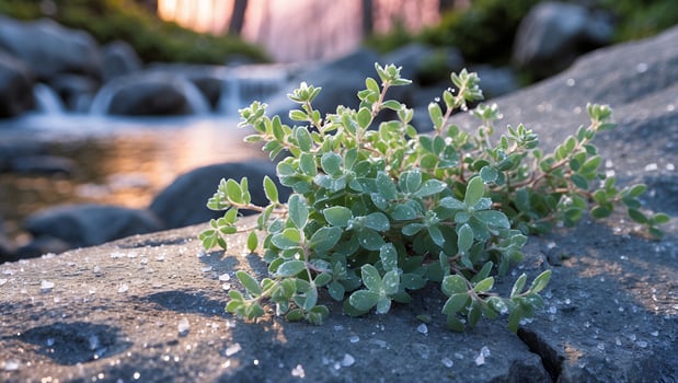 Plant on Rock Near Flowing Water and Pink Sky in Nature photo