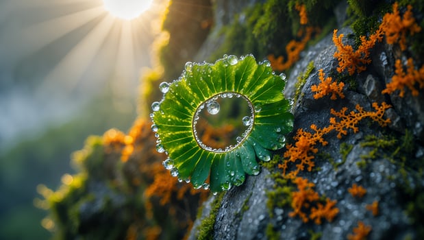 Leaf Ring with Water Droplets on Mossy Rock Under Sunlight photo