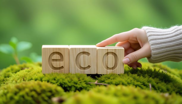 The word ECO in wood resting on the grass. Concept of environment and ecology photo