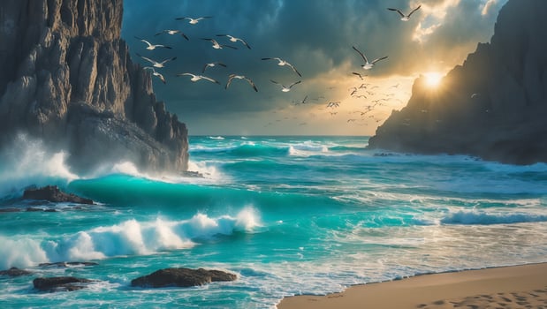 Seagulls Flying Over Turquoise Ocean Waves Crashing on Sandy Beach Coastline photo