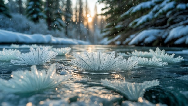 Freezing River with Ice Formations and Snow Falling in Winter photo