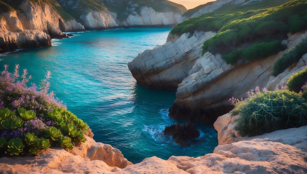 Turquoise Ocean Waters Between Rocky Cliffs with Plants Landscape View photo