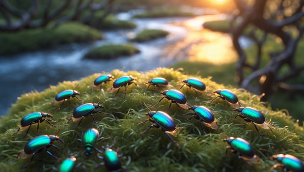 Iridescent Beetles Gathering on Mossy Patch Near Stream at Sunset photo