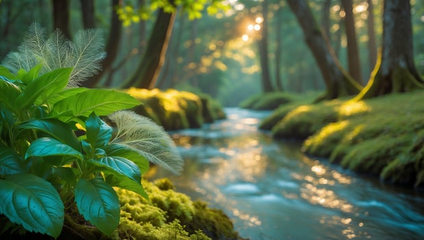 Flowing Stream Through Forest with Mossy Banks and Sunlight photo