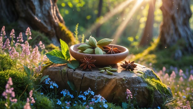 Aromatic Spices and Herbs on Stone in Forest Sunlight Setting photo