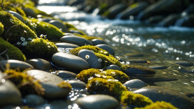 Stream with Rocks and Moss, Flowing Water with Small White Flowers photo