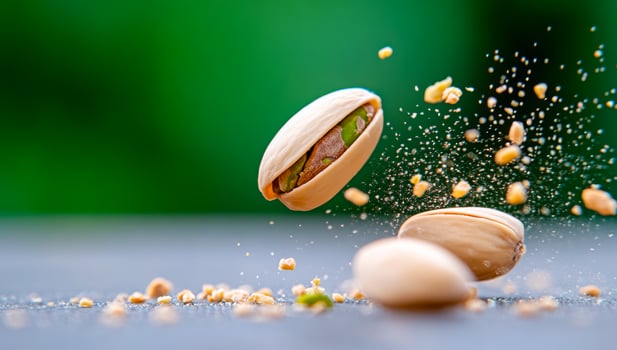 Flavor-packed pistachios close-up. Pistachios are bursting open, scattering nuts and dust across a blurred green background, showcasing their freshness. photo