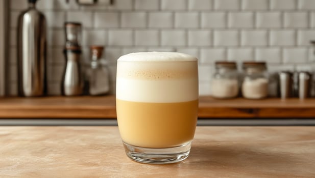 Foamy coffee in kitchen. A creamy coffee drink with foam sits on the counter in a cozy kitchen, surrounded by kitchen tools and jars. photo