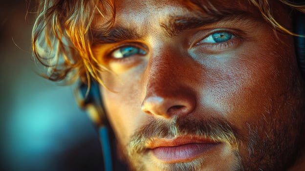 Young man with blue eyes, headphones. Close-up of a young man enjoying music with headphones, showcasing his mesmerizing blue eyes and sun-kissed skin. photo