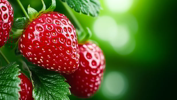 Fresh red strawberries on green leaves photo