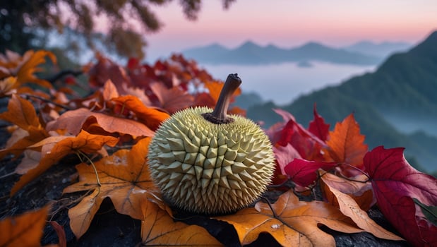 Spiky Fruit Amongst Fall Leaves with Mountain Sunrise Scenery photo